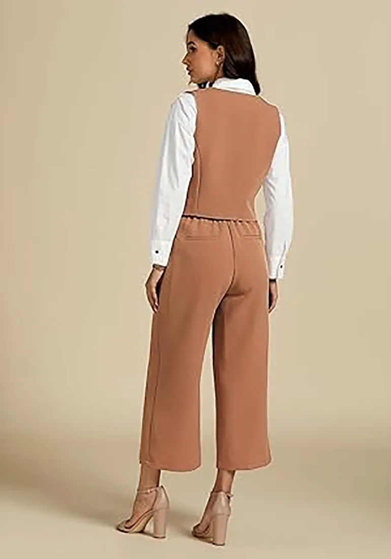 LUVAMIA Women's 2 Piece Business Casual Long Pants Outfit Pant Suit V Neck Vest Wide Leg Pantsuits