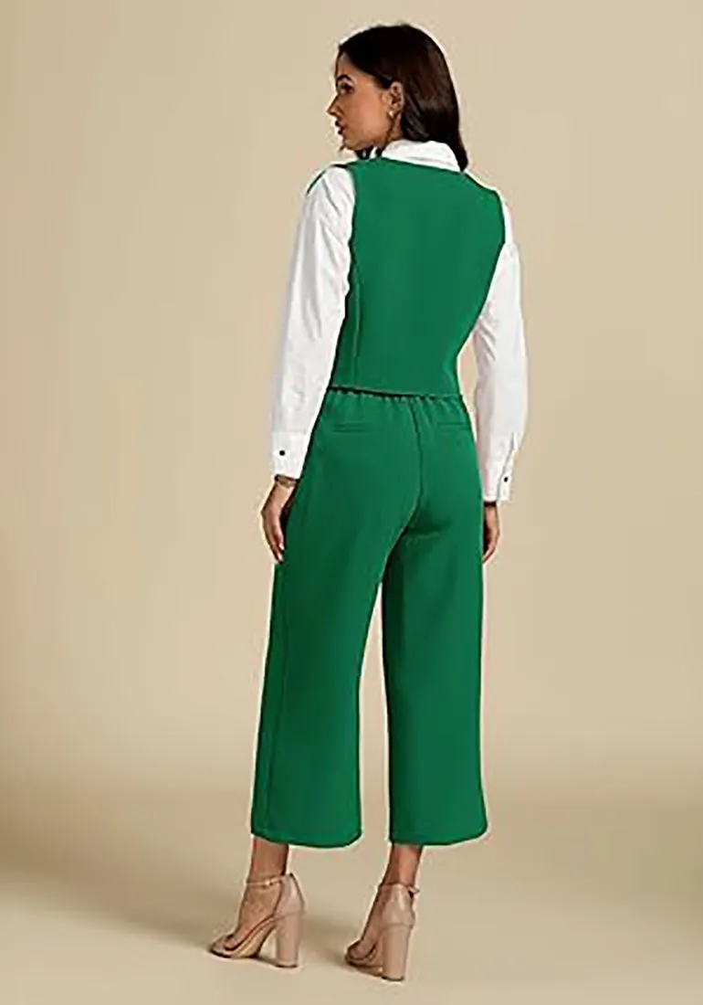 LUVAMIA Women's 2 Piece Business Casual Long Pants Outfit Pant Suit V Neck Vest Wide Leg Pantsuits