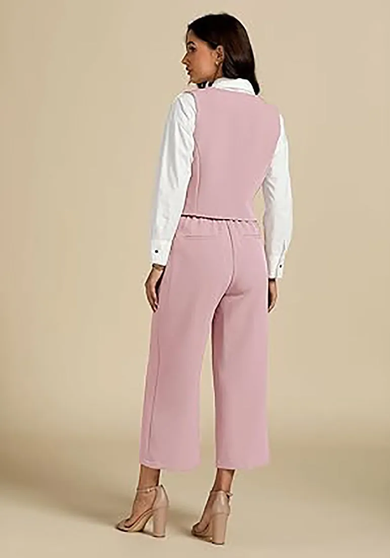 LUVAMIA Women's 2 Piece Business Casual Long Pants Outfit Pant Suit V Neck Vest Wide Leg Pantsuits