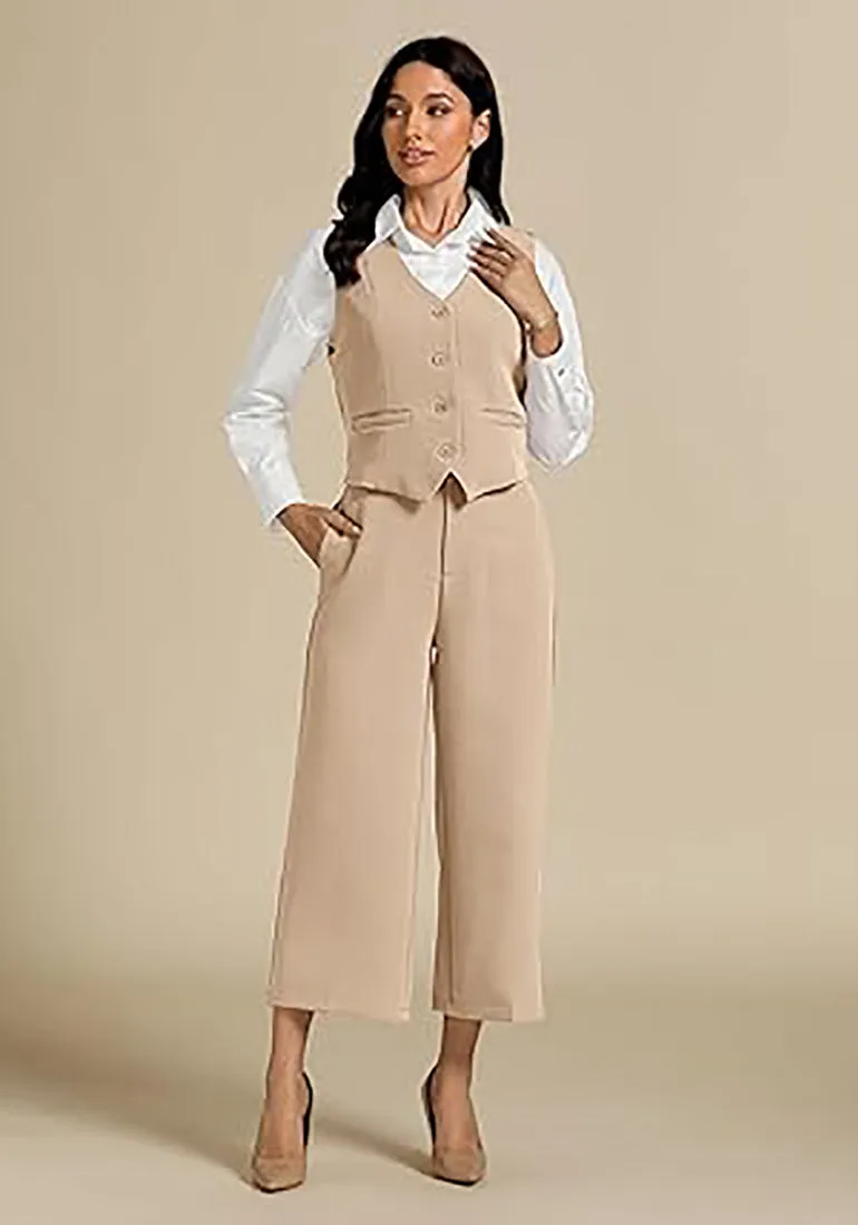 LUVAMIA Women's 2 Piece Business Casual Long Pants Outfit Pant Suit V Neck Vest Wide Leg Pantsuits