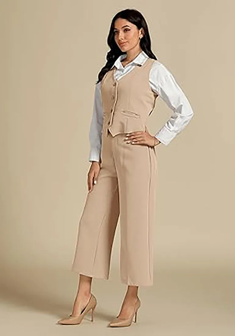 LUVAMIA Women's 2 Piece Business Casual Long Pants Outfit Pant Suit V Neck Vest Wide Leg Pantsuits