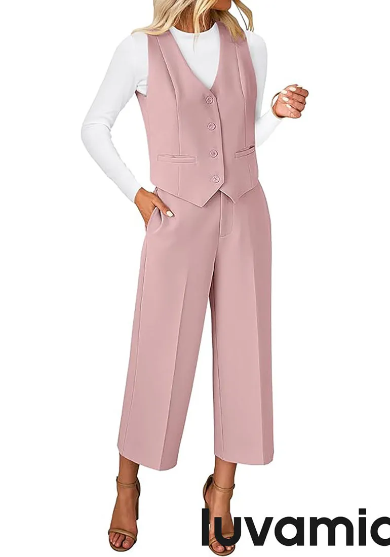 LUVAMIA Women's 2 Piece Business Casual Long Pants Outfit Pant Suit V Neck Vest Wide Leg Pantsuits