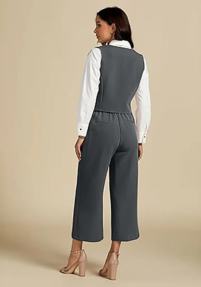 LUVAMIA Women's 2 Piece Business Casual Long Pants Outfit Pant Suit V Neck Vest Wide Leg Pantsuits