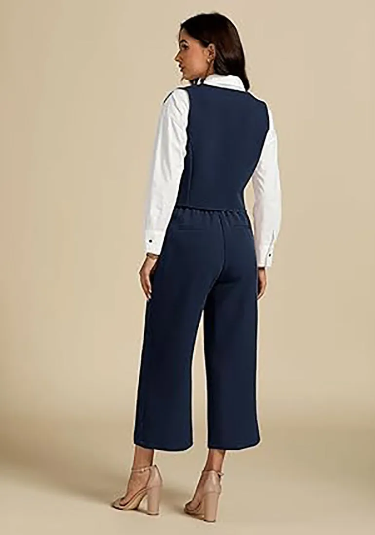 LUVAMIA Women's 2 Piece Business Casual Long Pants Outfit Pant Suit V Neck Vest Wide Leg Pantsuits