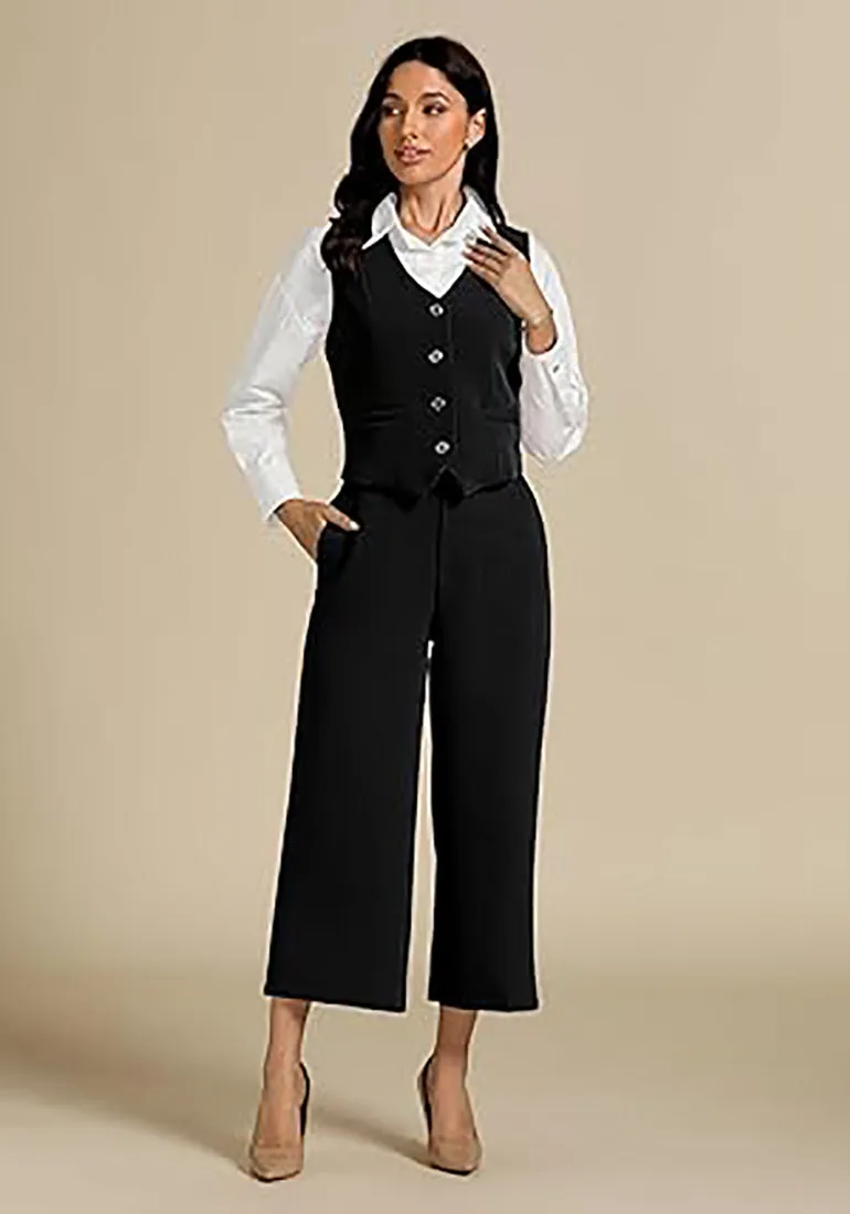 LUVAMIA Women's 2 Piece Business Casual Long Pants Outfit Pant Suit V Neck Vest Wide Leg Pantsuits