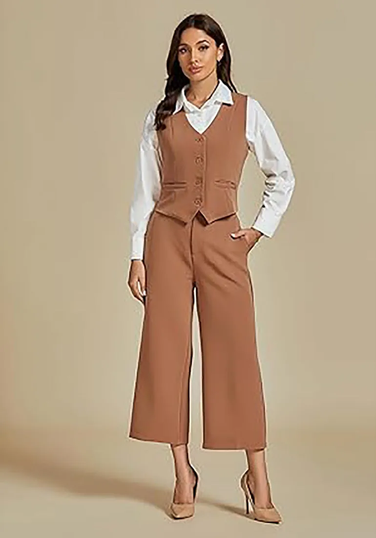 LUVAMIA Women's 2 Piece Business Casual Long Pants Outfit Pant Suit V Neck Vest Wide Leg Pantsuits