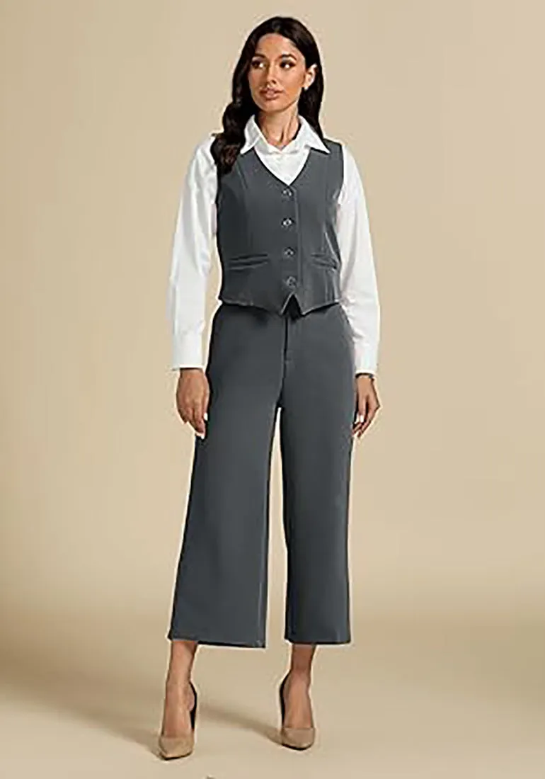 LUVAMIA Women's 2 Piece Business Casual Long Pants Outfit Pant Suit V Neck Vest Wide Leg Pantsuits