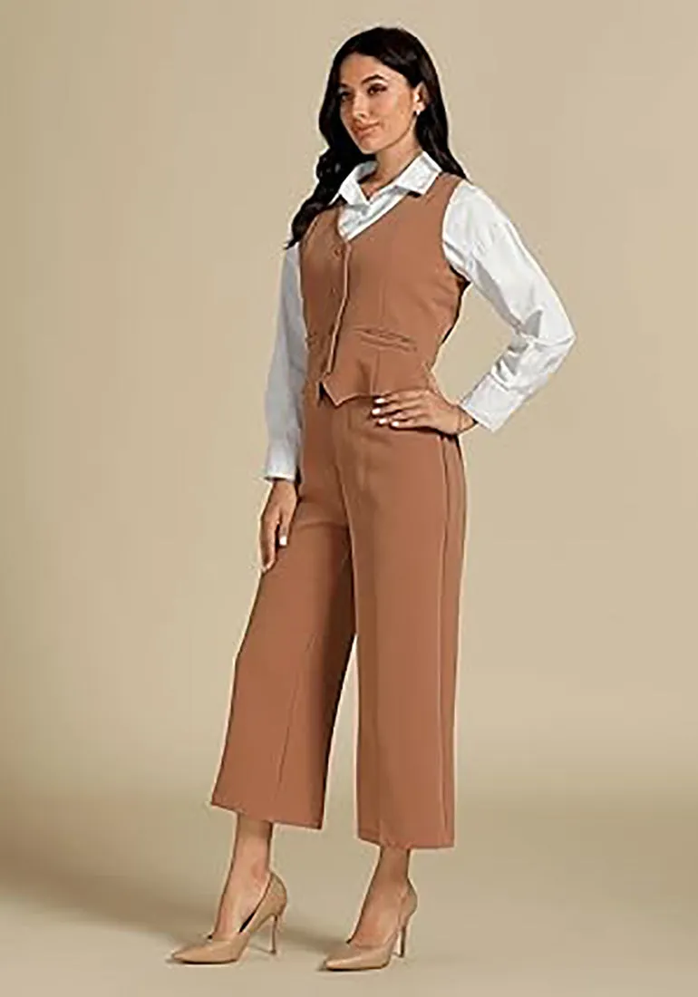 LUVAMIA Women's 2 Piece Business Casual Long Pants Outfit Pant Suit V Neck Vest Wide Leg Pantsuits