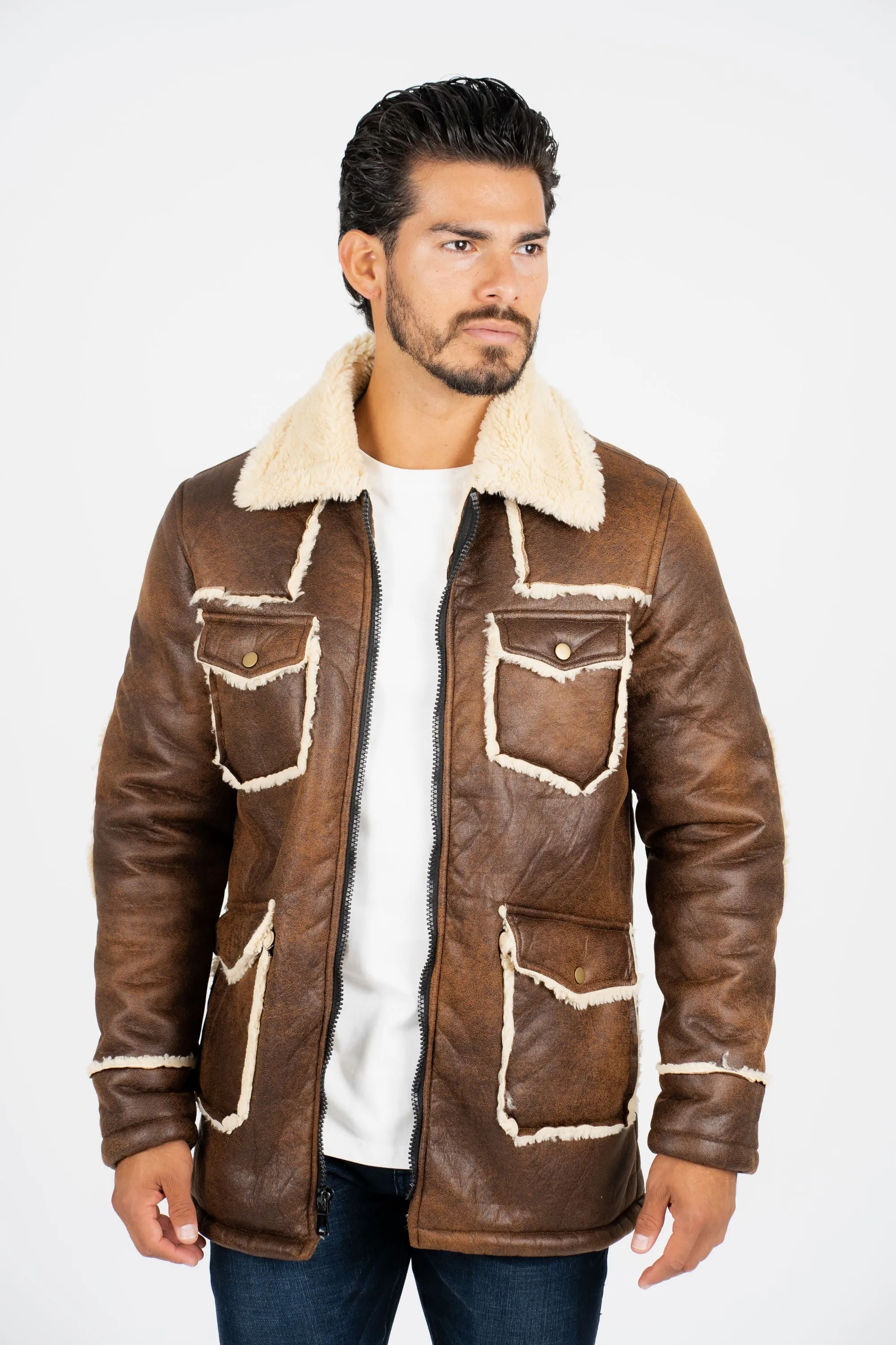 Men's Brown Suede Jacket w/ Faux Shearling-lined