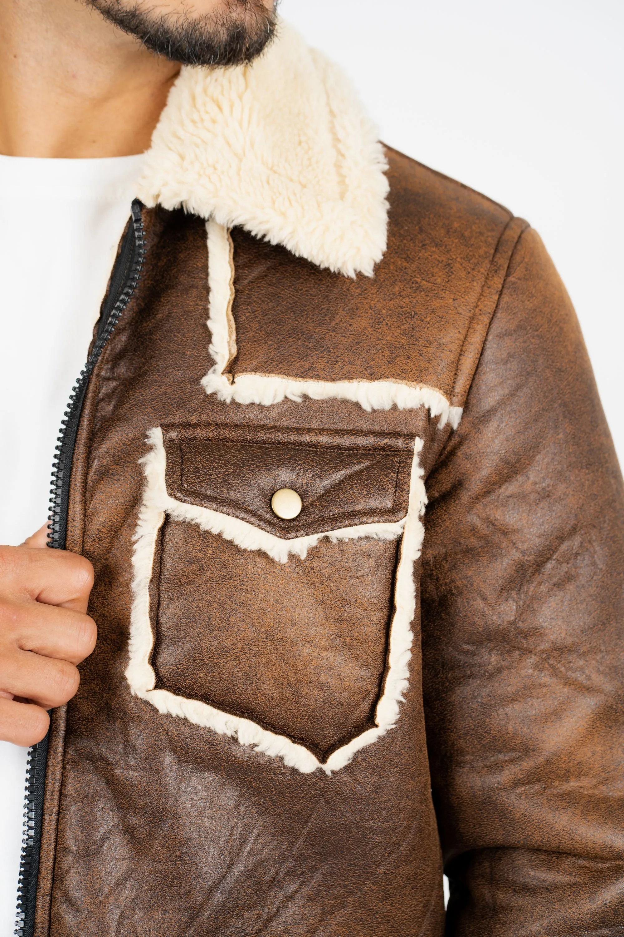 Men's Brown Suede Jacket w/ Faux Shearling-lined