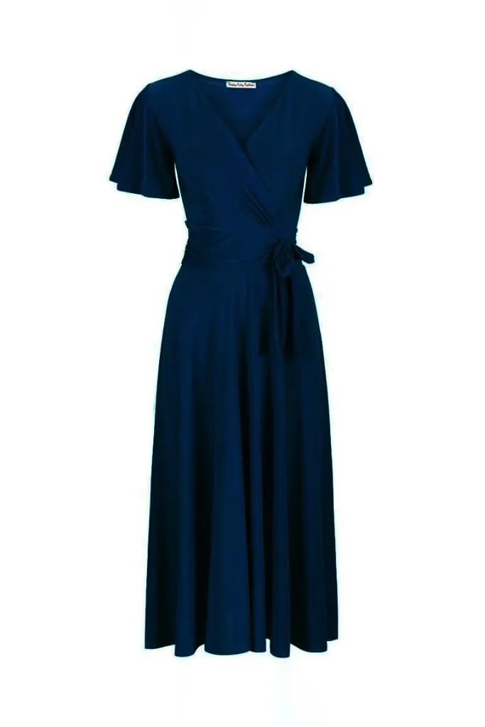 Navy Blue Cap Sleeve V Neck Wrap Top Swing Dress