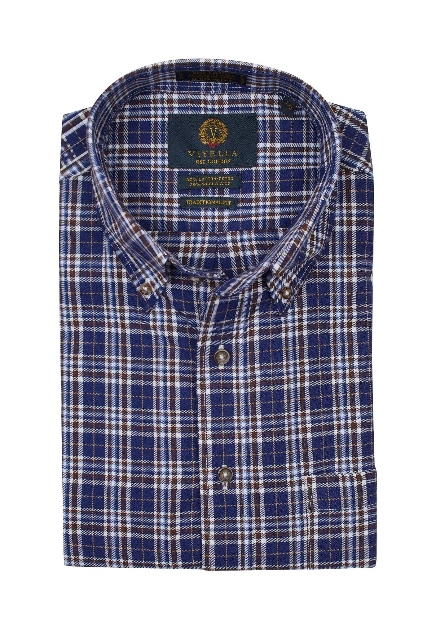 Navy/Brown/White Plaid Long Sleeve Men's Button Down Shirts