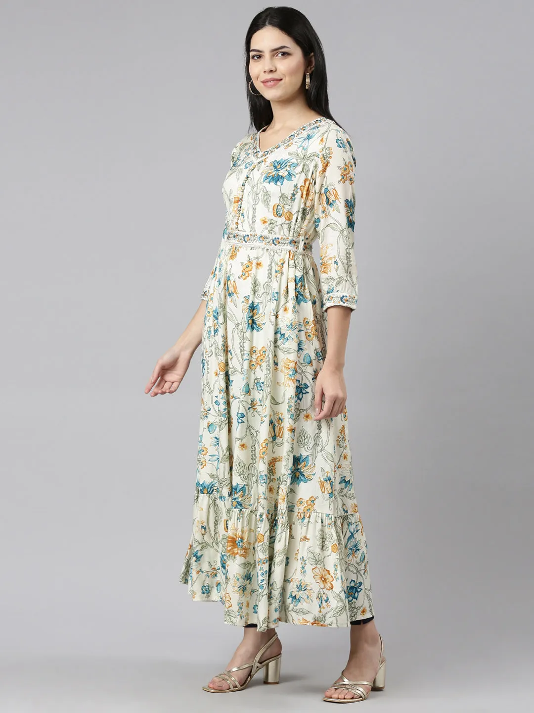 Neeru's Cream Straight Casual Printed Maxi Dresses