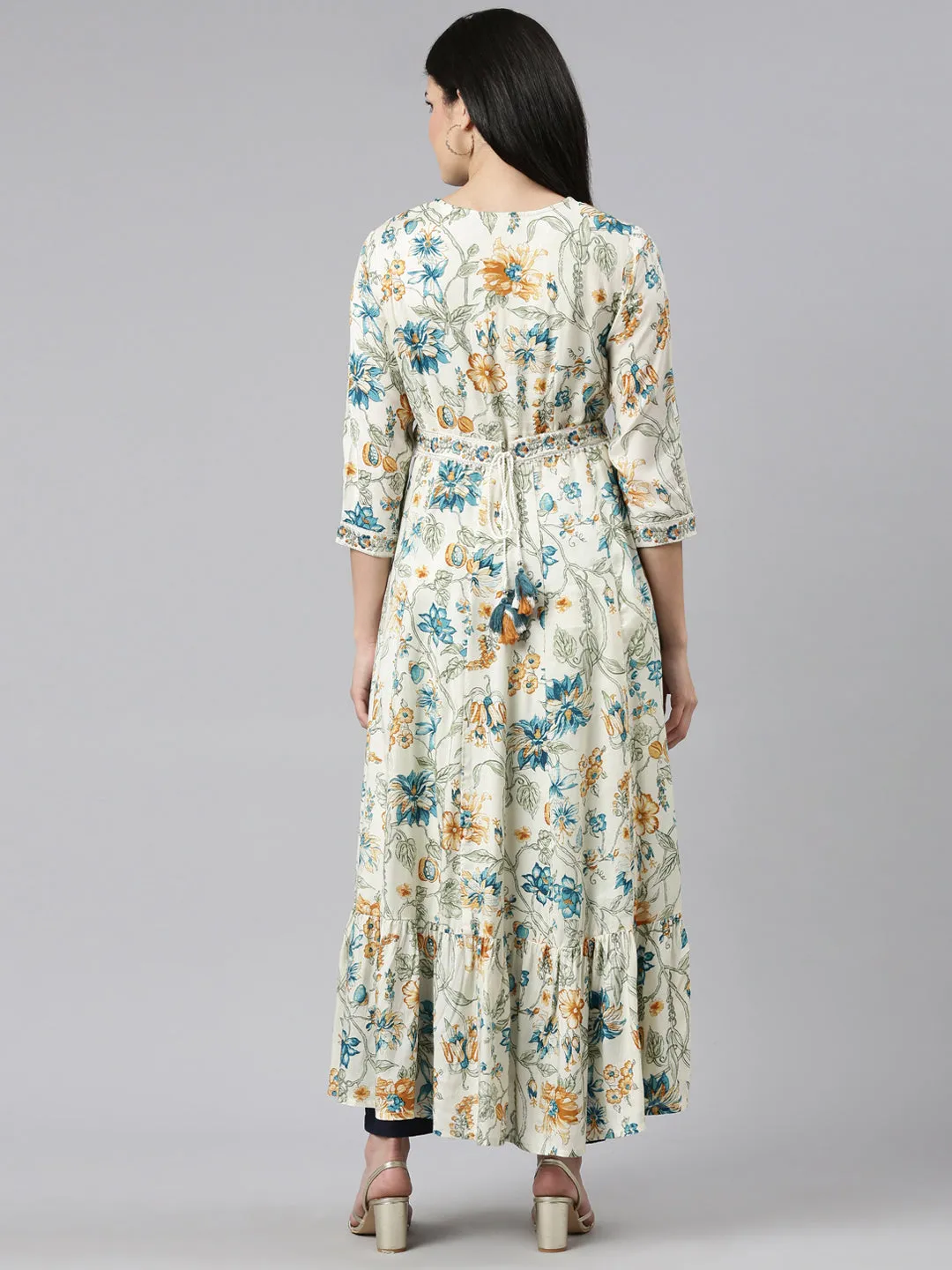 Neeru's Cream Straight Casual Printed Maxi Dresses