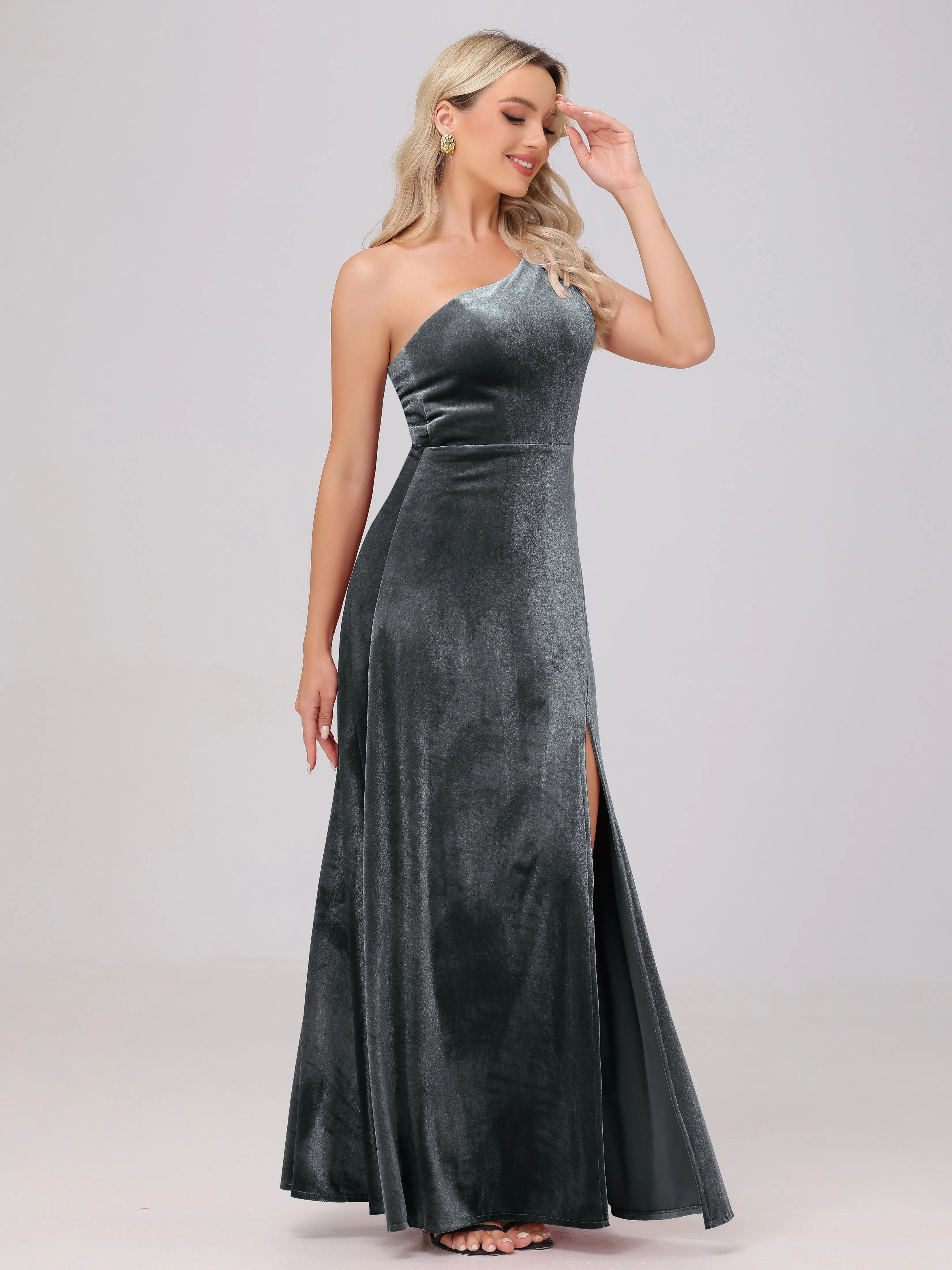 One Shoulder Sleeveless Long Velvet Bridesmaid Dresses With Split