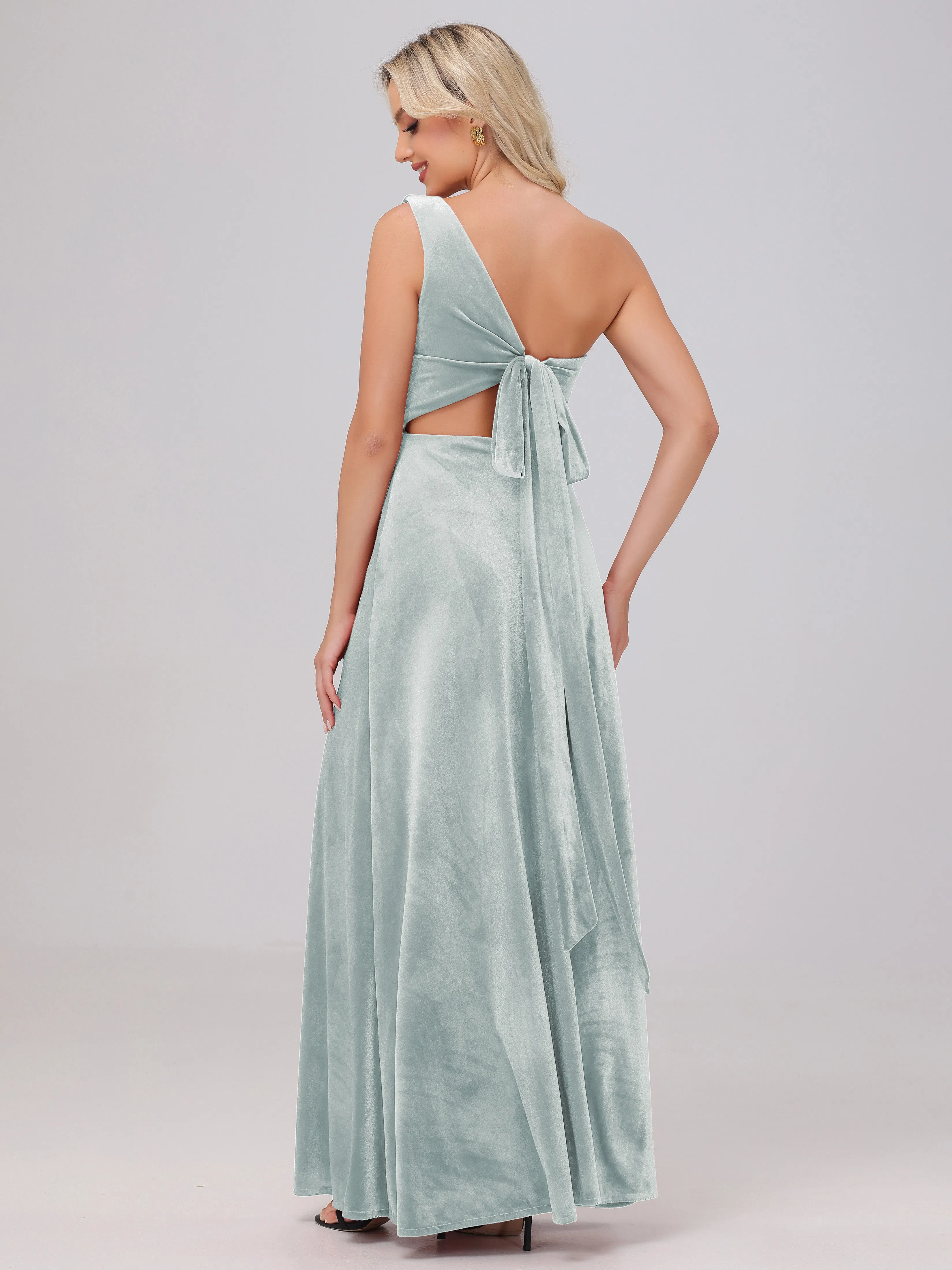 One Shoulder Sleeveless Long Velvet Bridesmaid Dresses With Split