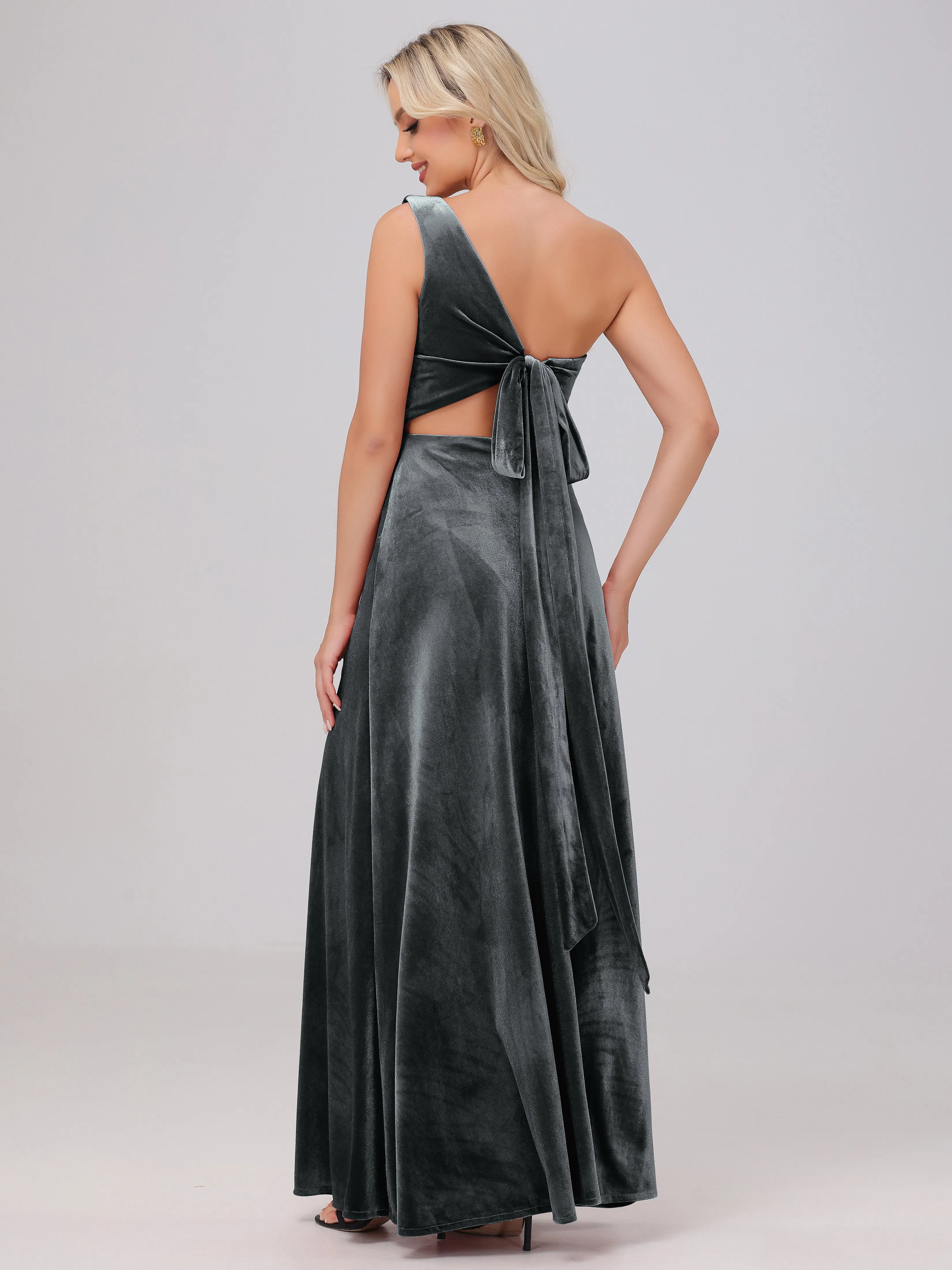 One Shoulder Sleeveless Long Velvet Bridesmaid Dresses With Split