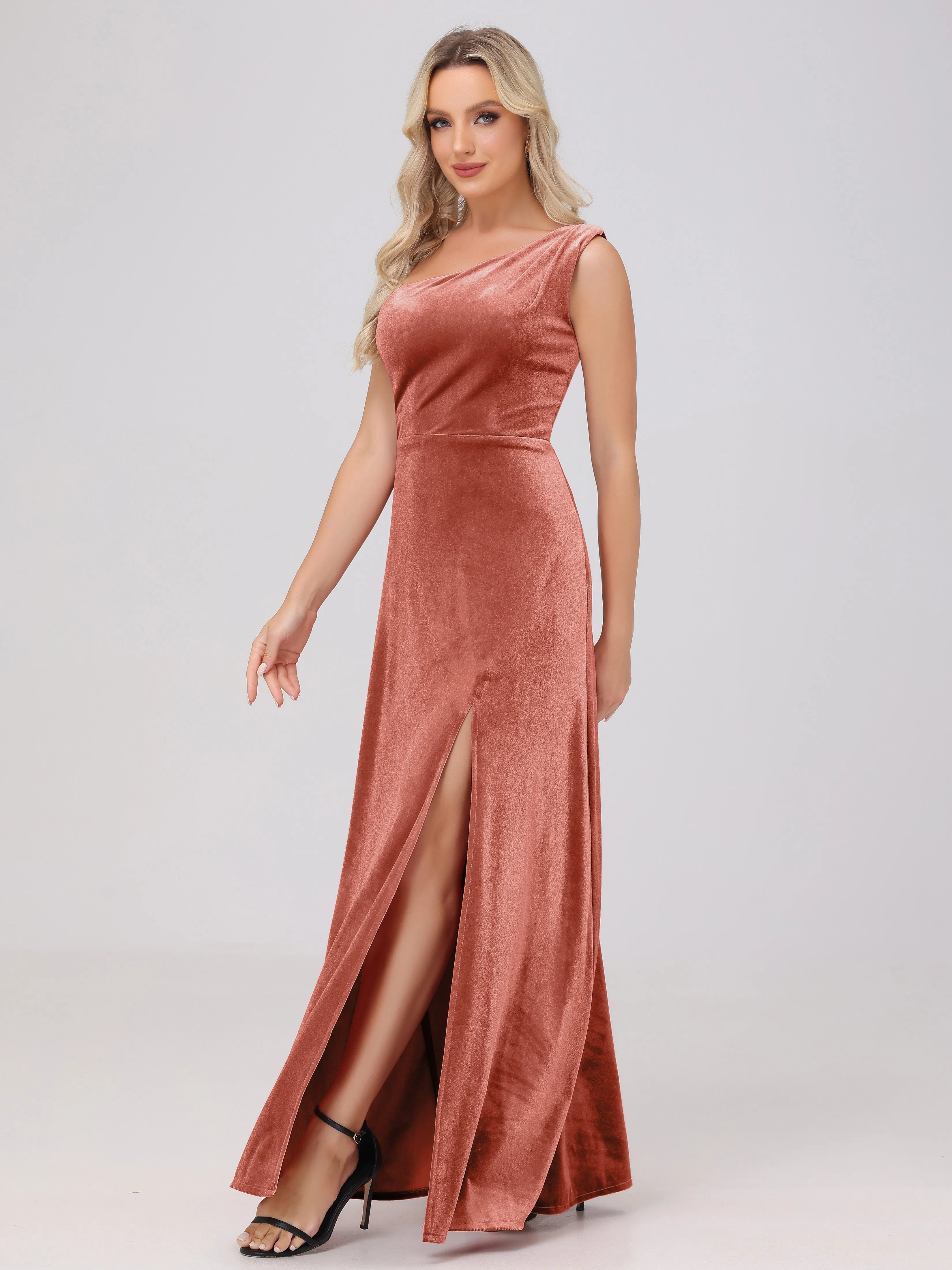 One Shoulder Sleeveless Long Velvet Bridesmaid Dresses With Split