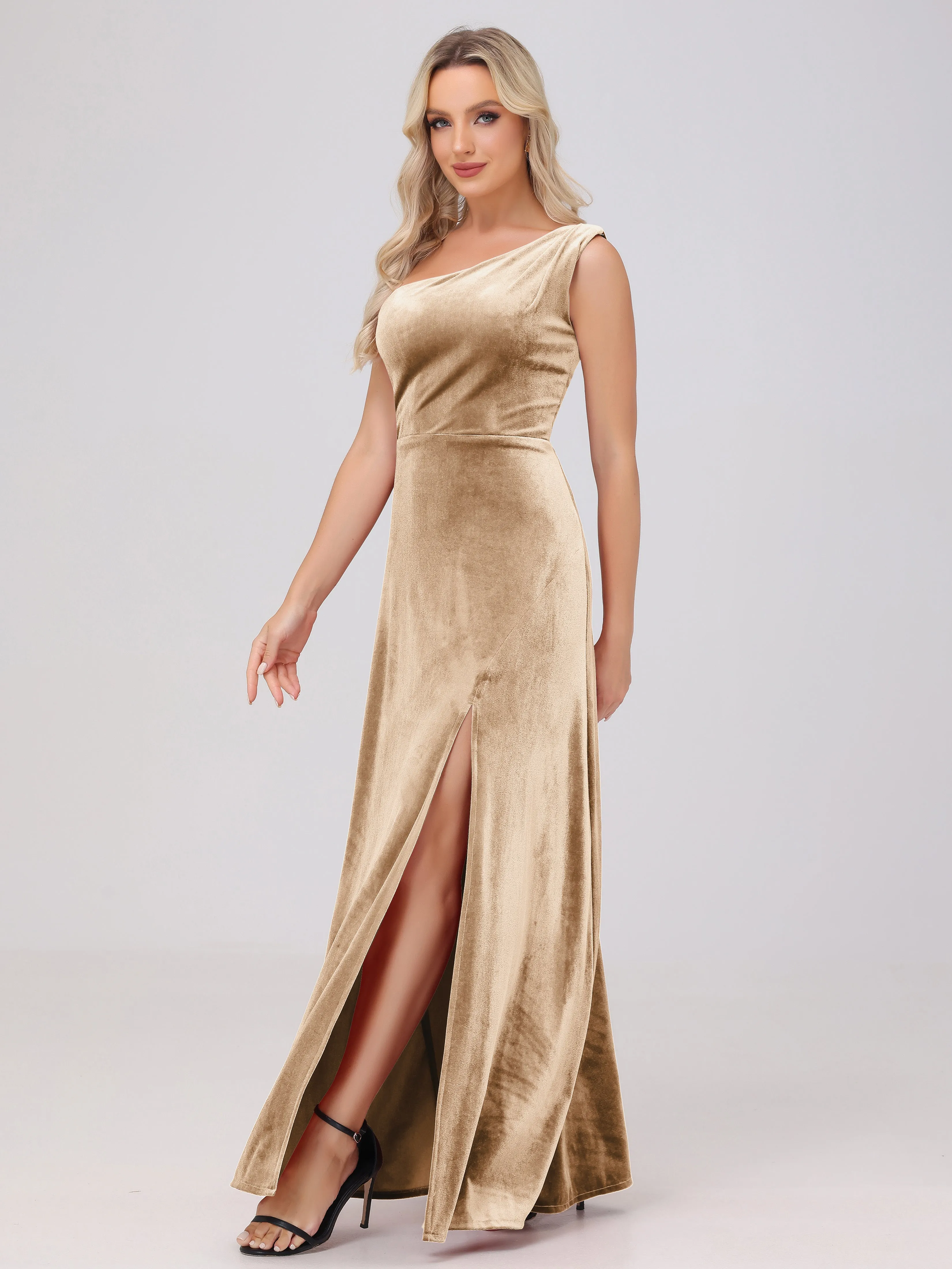 One Shoulder Sleeveless Long Velvet Bridesmaid Dresses With Split