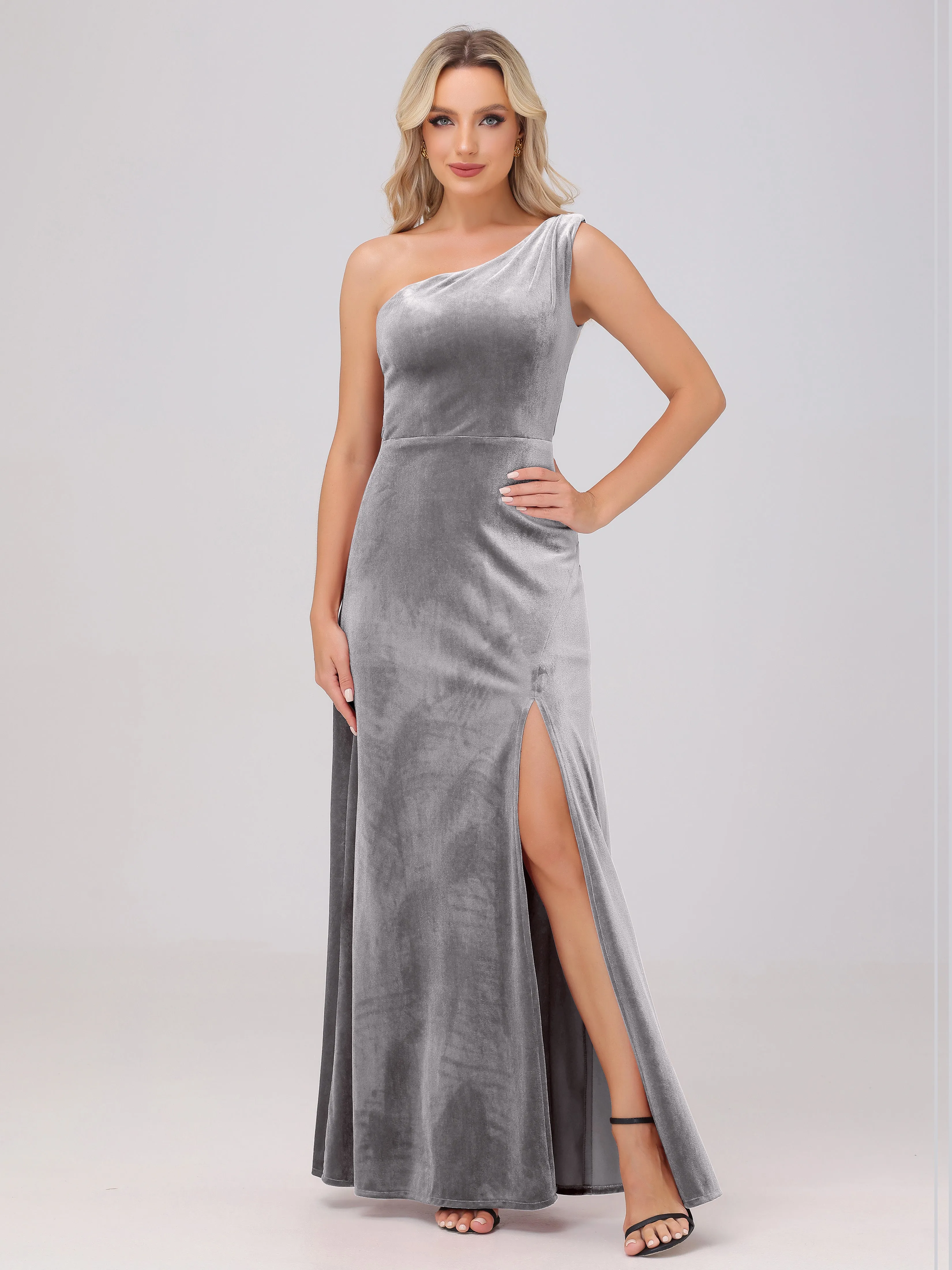 One Shoulder Sleeveless Long Velvet Bridesmaid Dresses With Split