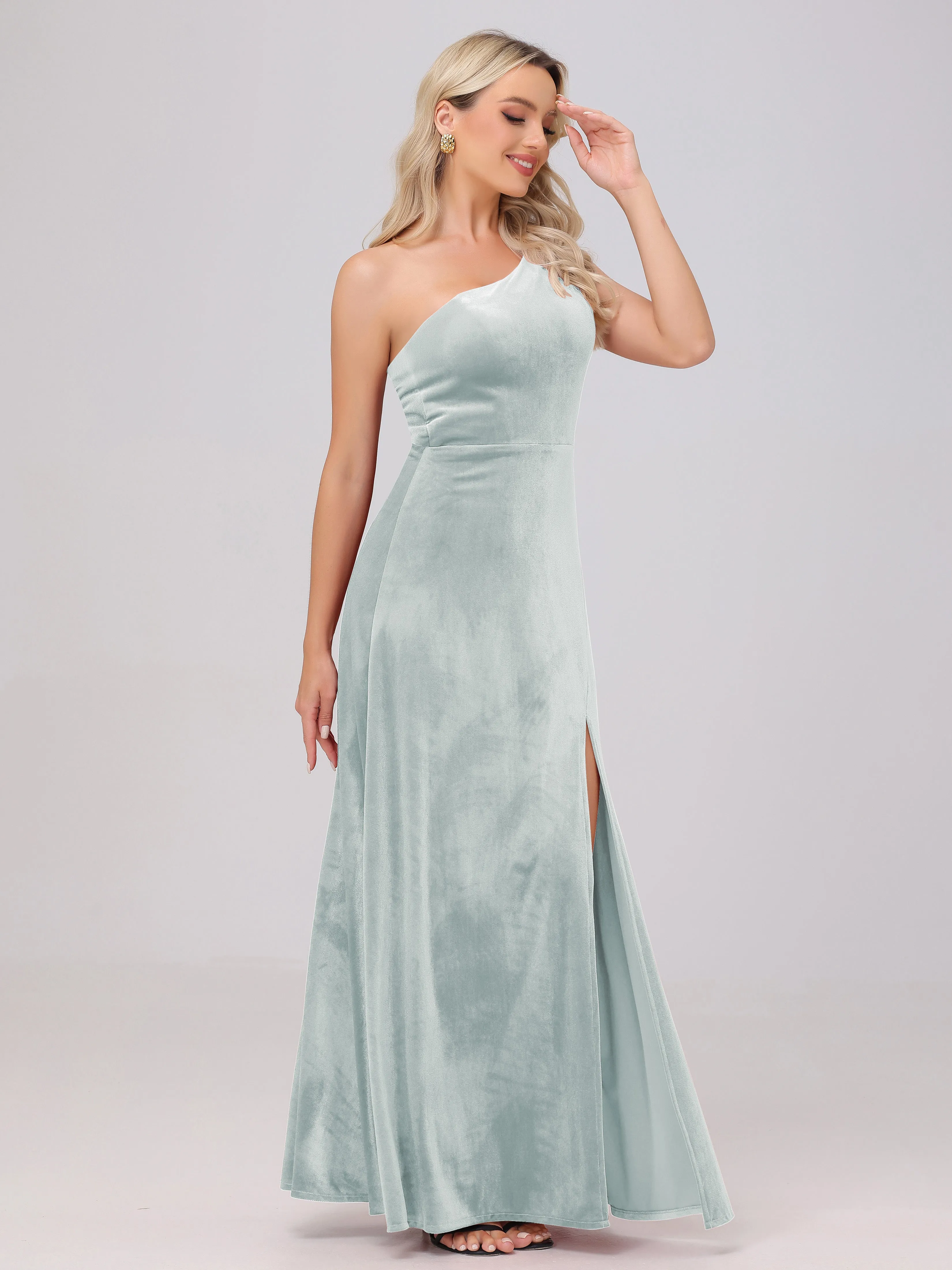 One Shoulder Sleeveless Long Velvet Bridesmaid Dresses With Split