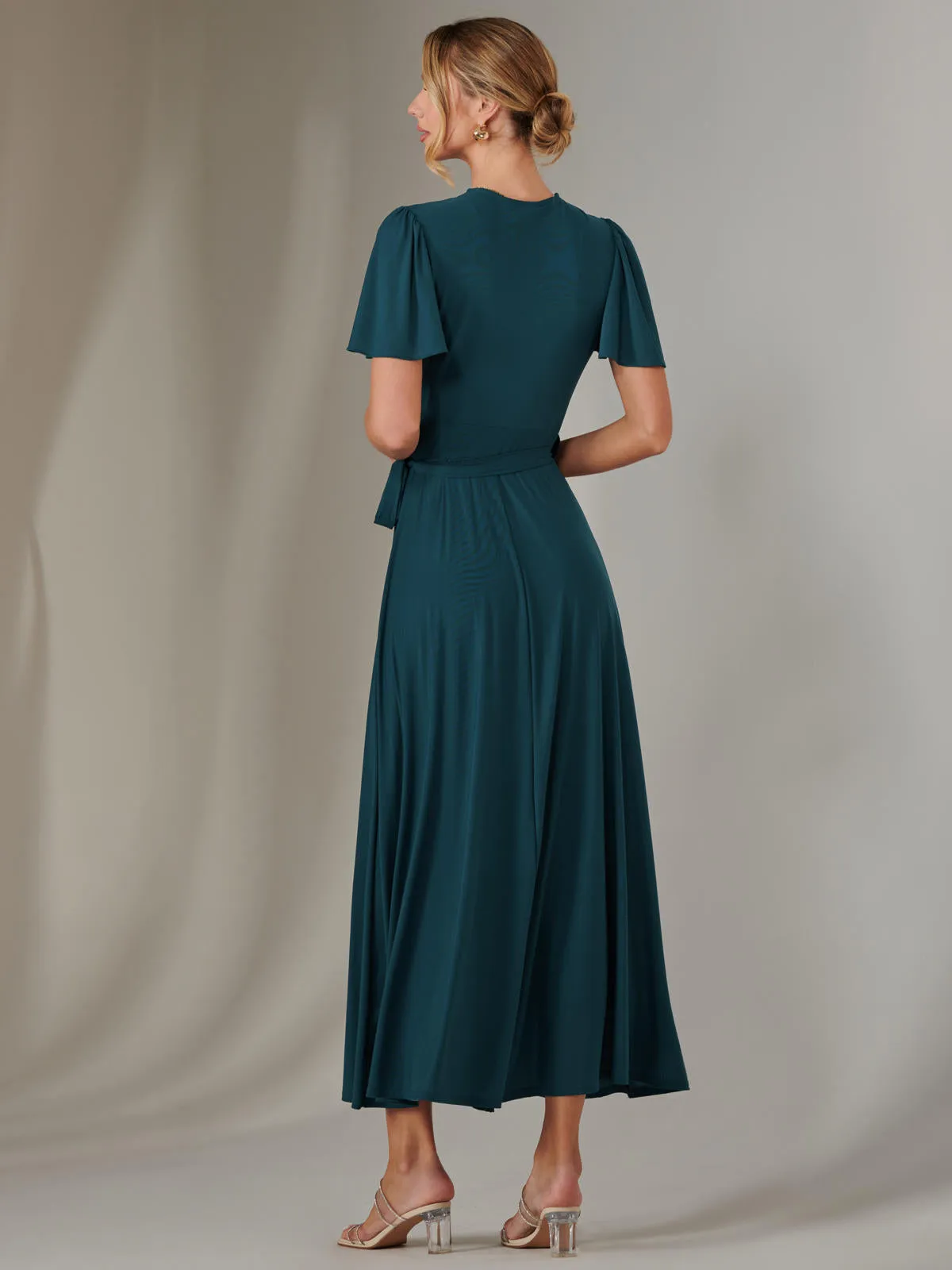 Plain Angel Sleeve Wrapped Maxi Dress, Dark Teal