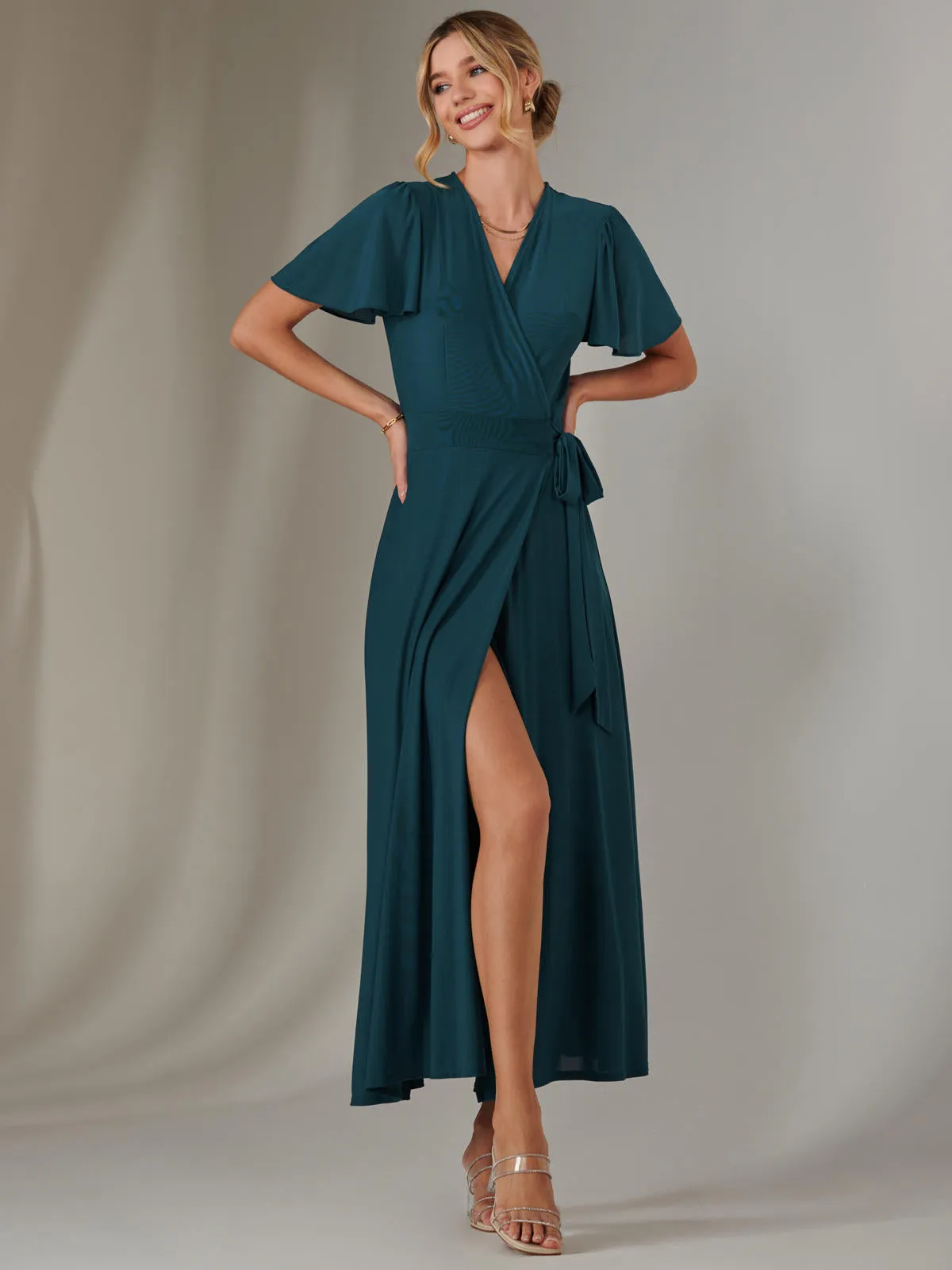 Plain Angel Sleeve Wrapped Maxi Dress, Dark Teal