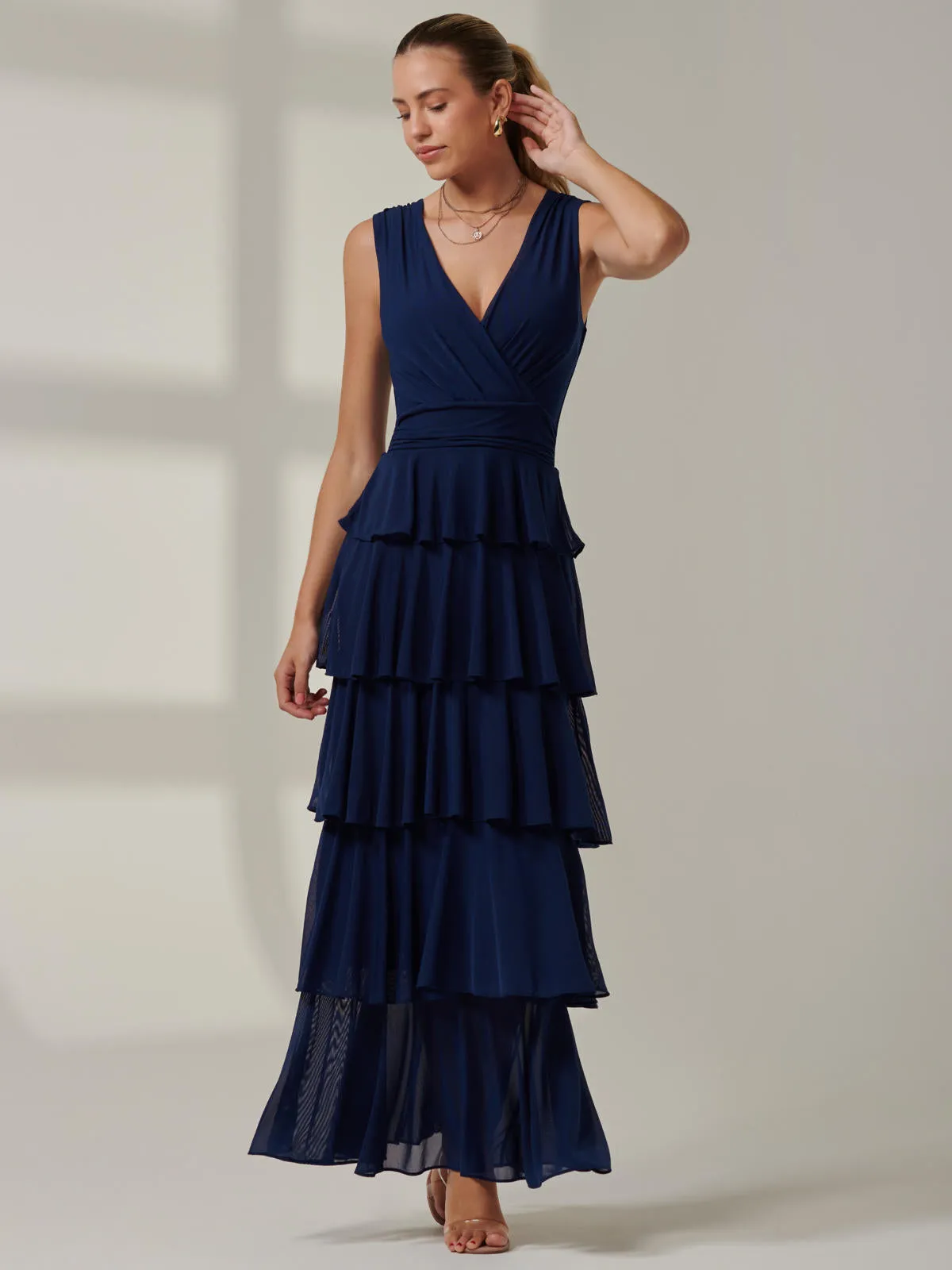 Plain Tiered Mesh Maxi Dress, Navy