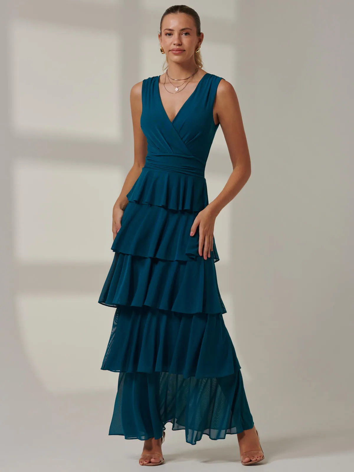 Plain Tiered Mesh Maxi Dress, Petrol Blue