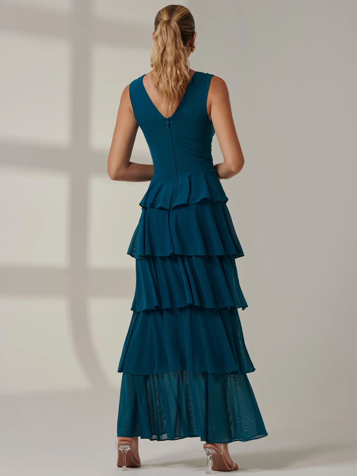 Plain Tiered Mesh Maxi Dress, Petrol Blue