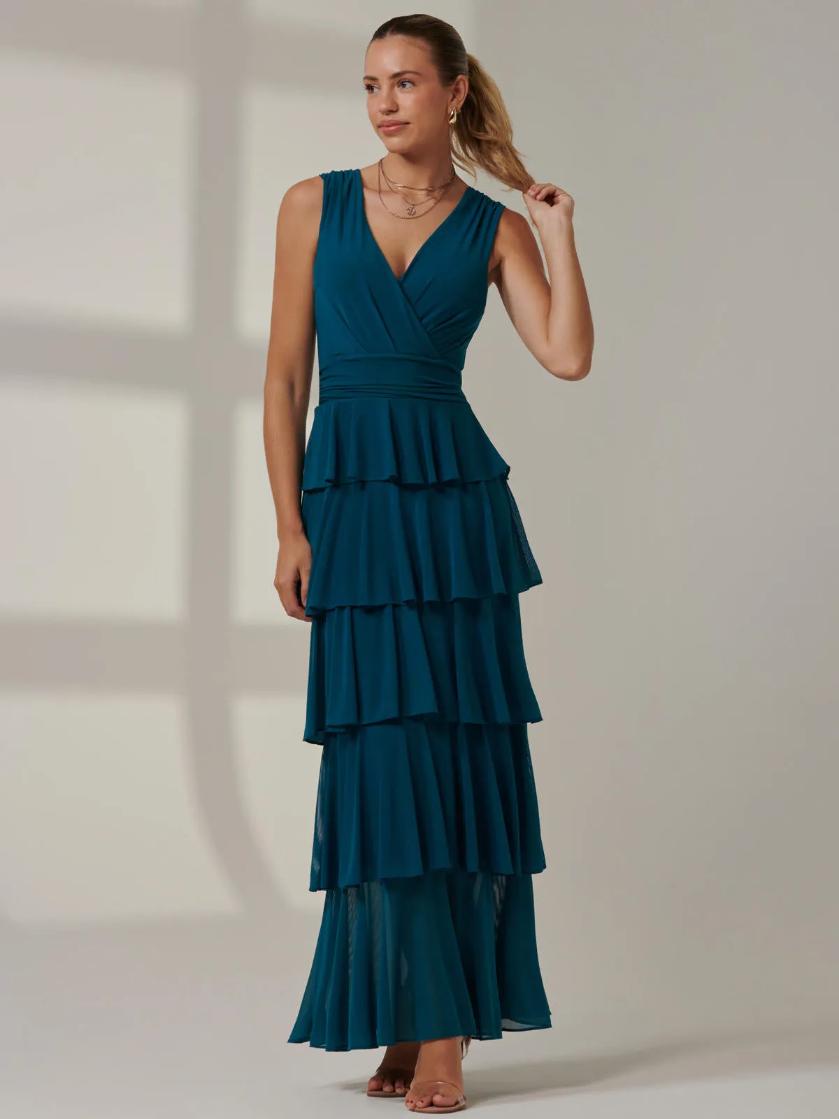 Plain Tiered Mesh Maxi Dress, Petrol Blue