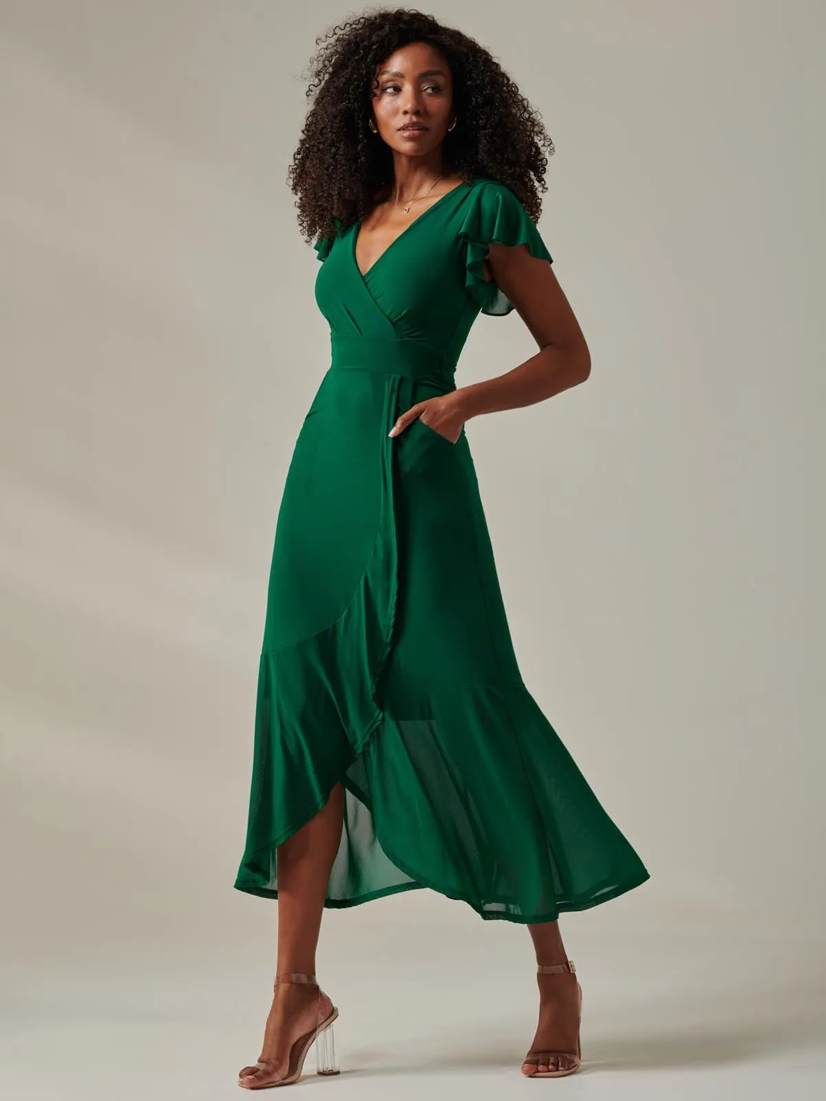 Plain Wrap Mesh Maxi Dress, Teal