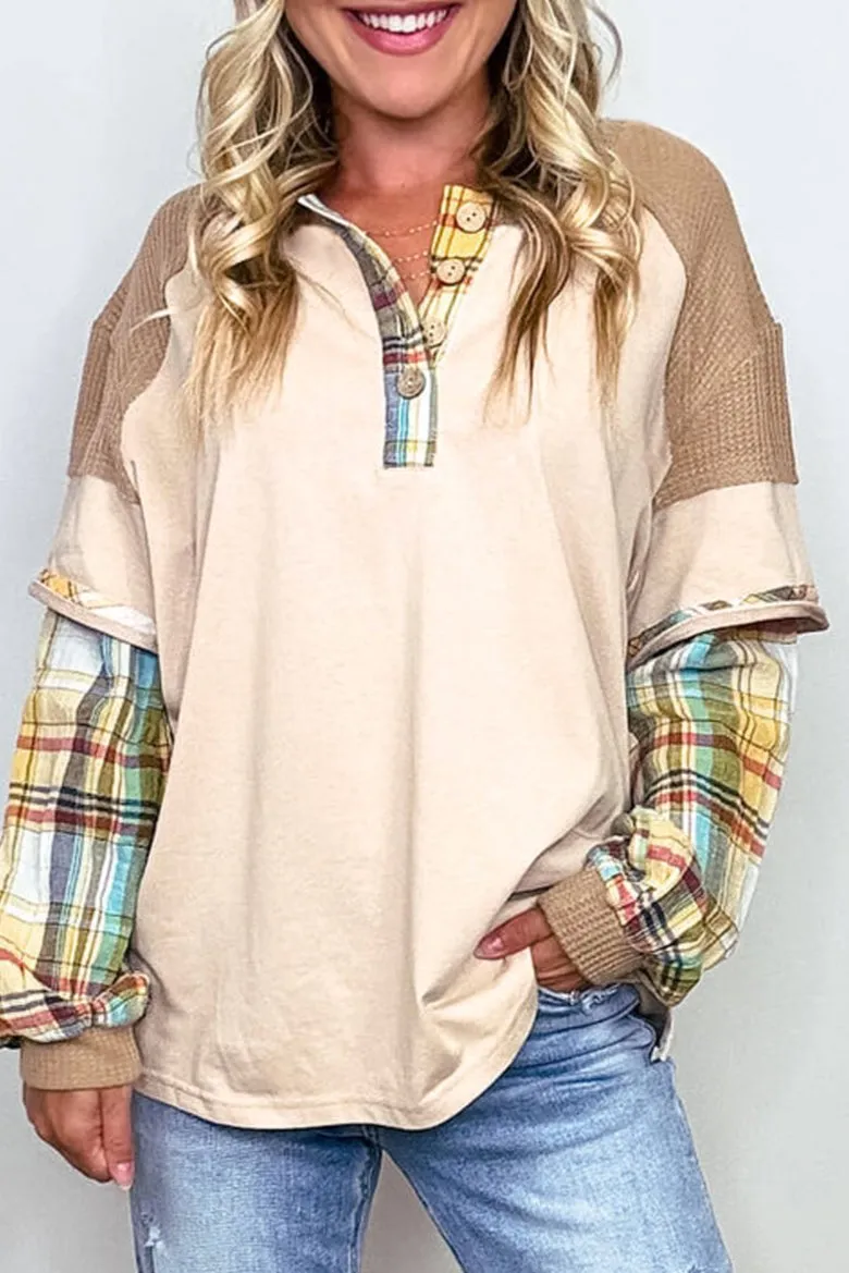 Plus Size Plaid Patchwork Henley Top