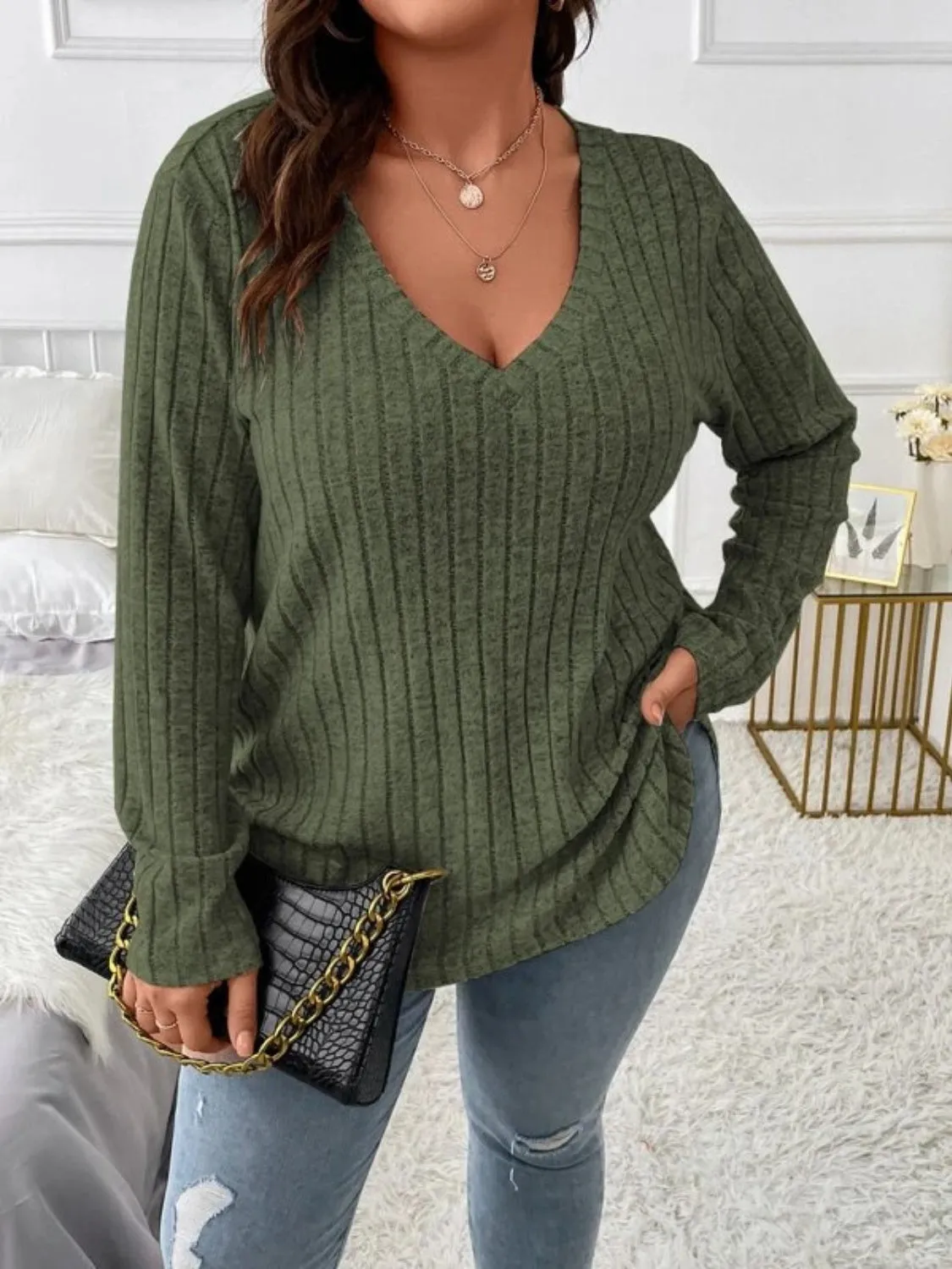 Plus Size V-Neck Long Sleeve Top