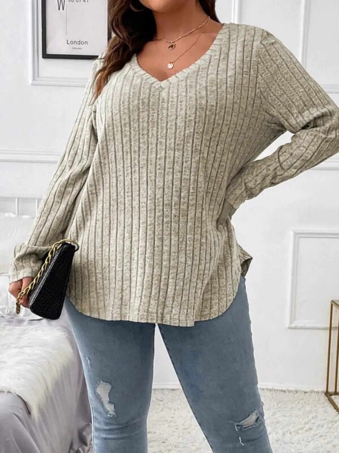 Plus Size V-Neck Long Sleeve Top