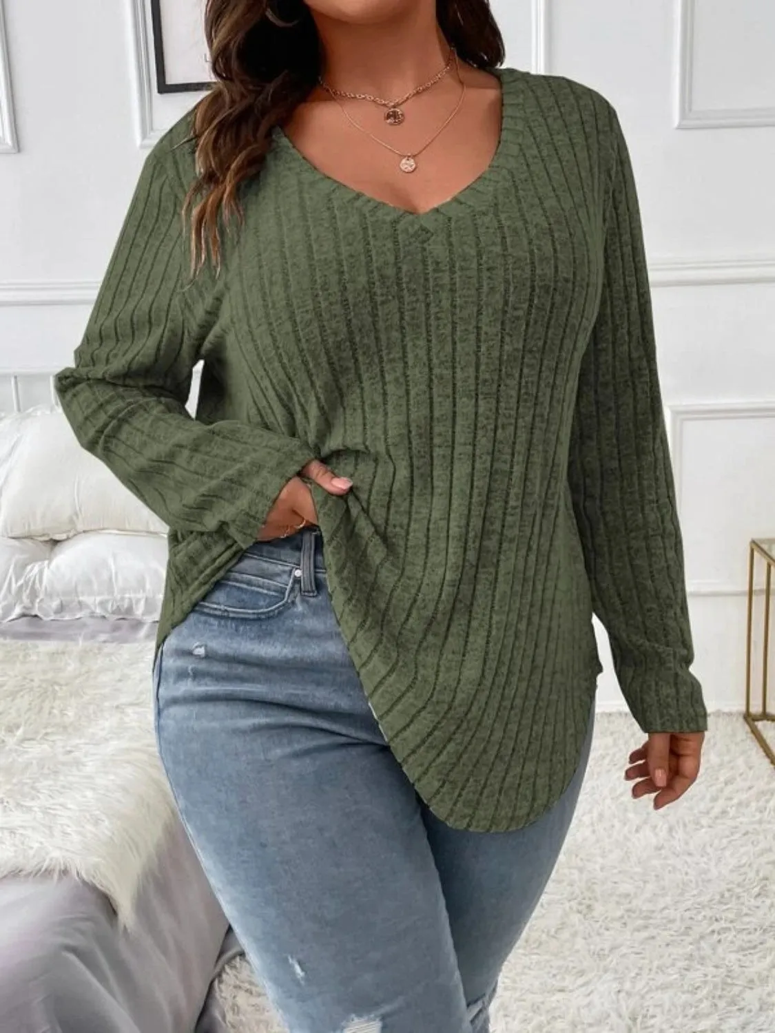 Plus Size V-Neck Long Sleeve Top