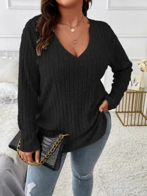 Plus Size V-Neck Long Sleeve Top