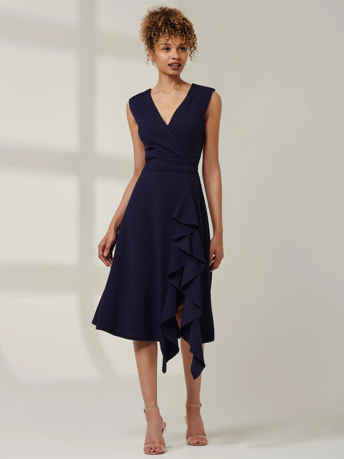 Qiana Ruffle Detail Midi Dress, Navy