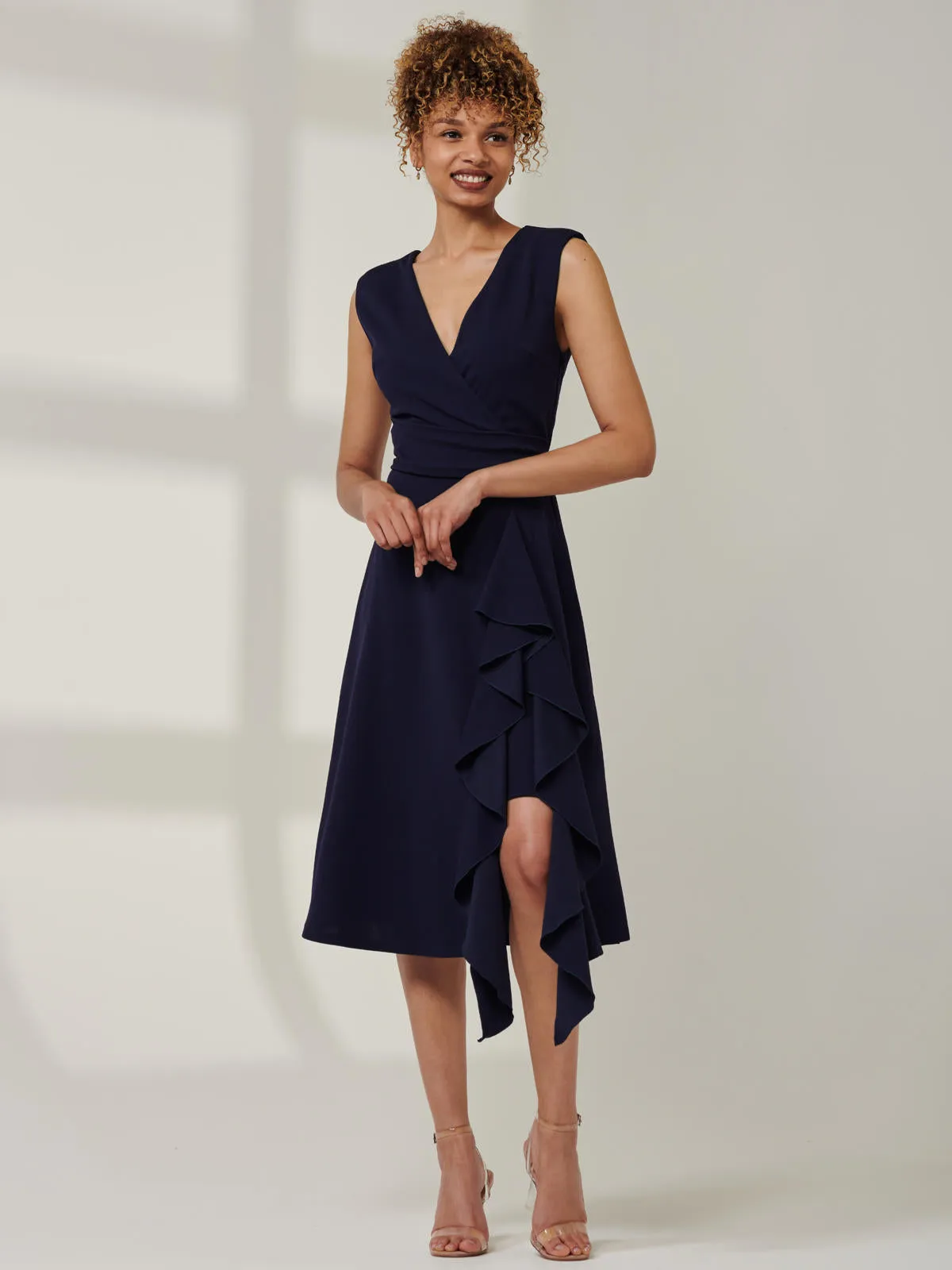 Qiana Ruffle Detail Midi Dress, Navy