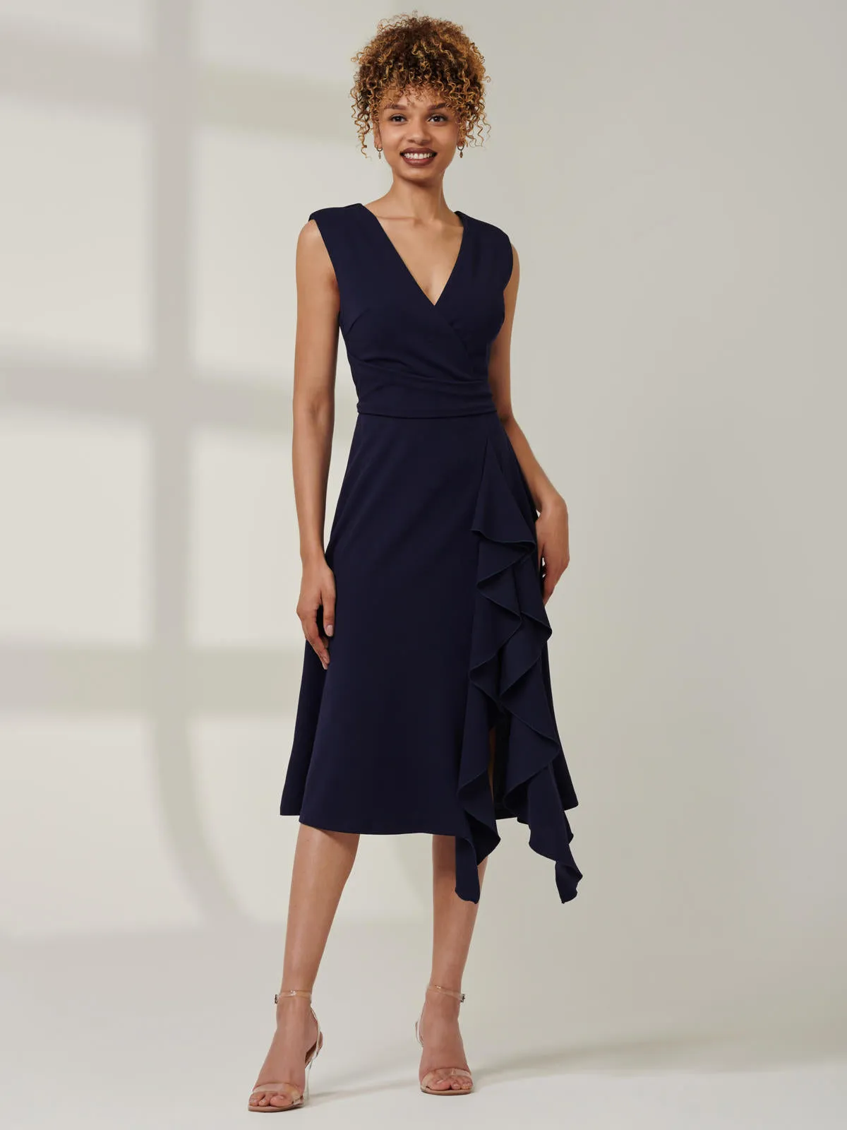 Qiana Ruffle Detail Midi Dress, Navy