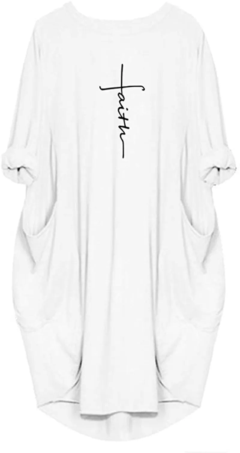 Rfecccy Women's Faith Oversize Baggy T Shirt Causal Loose Party Short Midi Dresses with Pockets