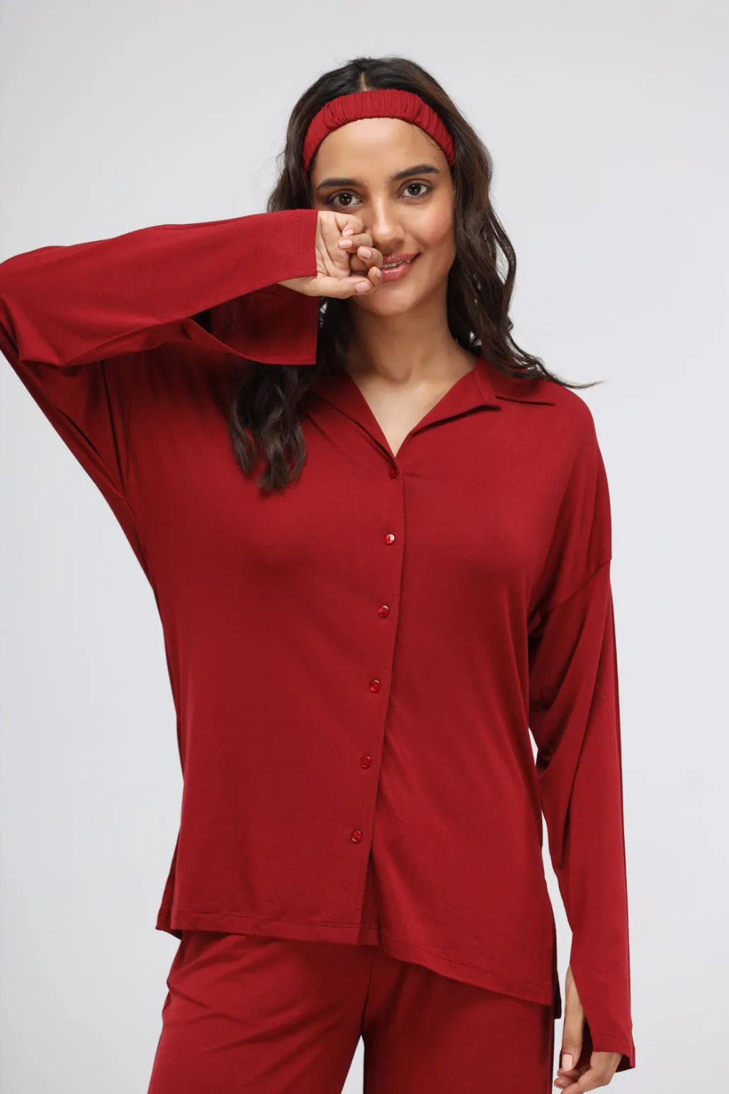 Rhubarb Modal Long Button Down Slit Top