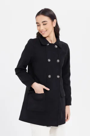 Senior Girls Black Melton Double Breasted Long Lin Jacket