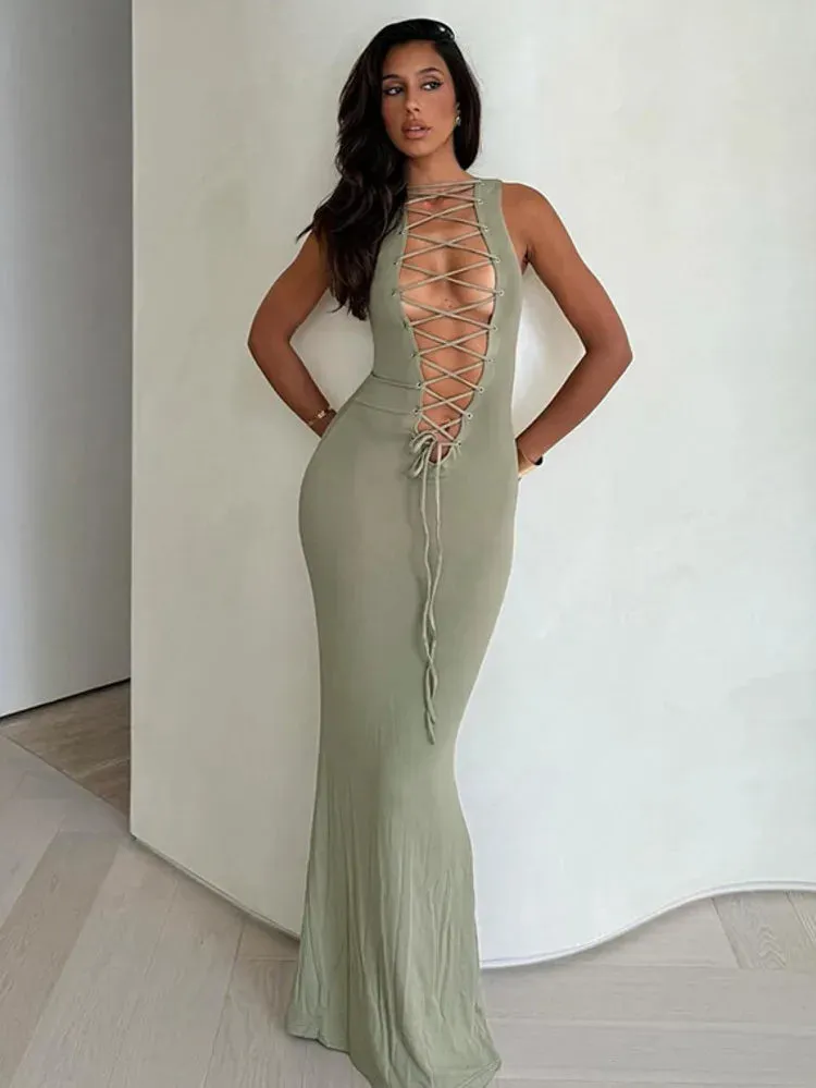 Slim Bodycon Bandage Hollow Out Party Elegant Long Vestidos Maxi Dress