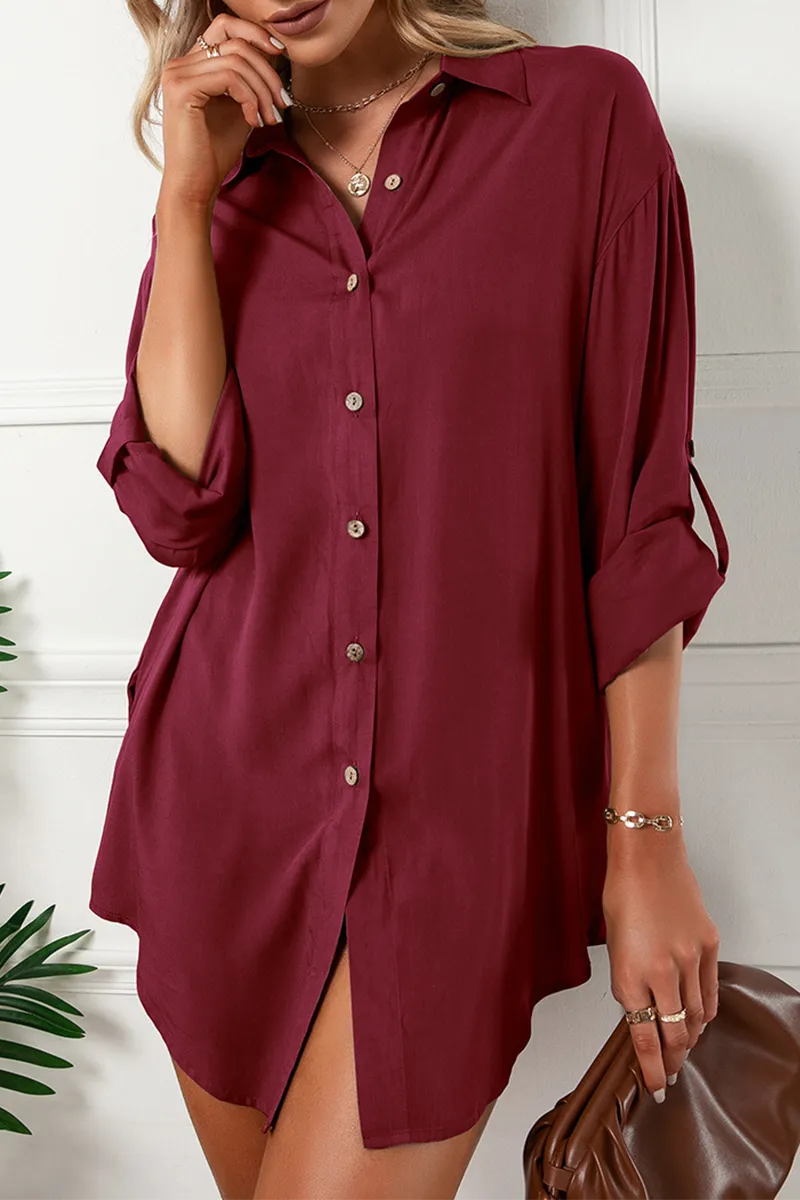 Solid Buckle Turndown Collar Shirt Dress