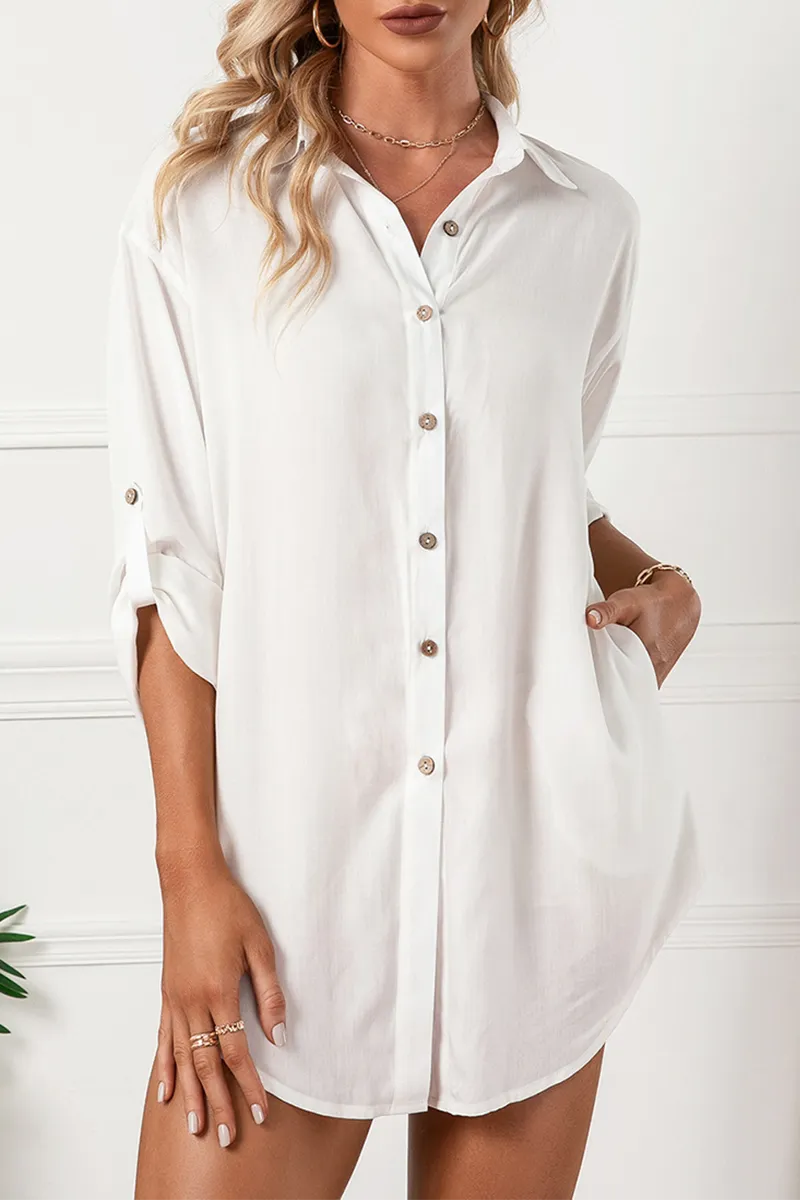 Solid Buckle Turndown Collar Shirt Dress