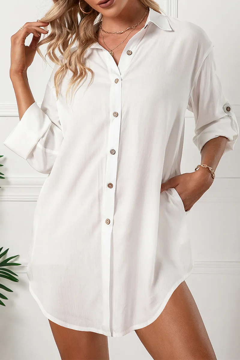 Solid Buckle Turndown Collar Shirt Dress