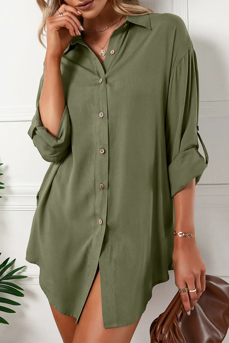 Solid Buckle Turndown Collar Shirt Dress