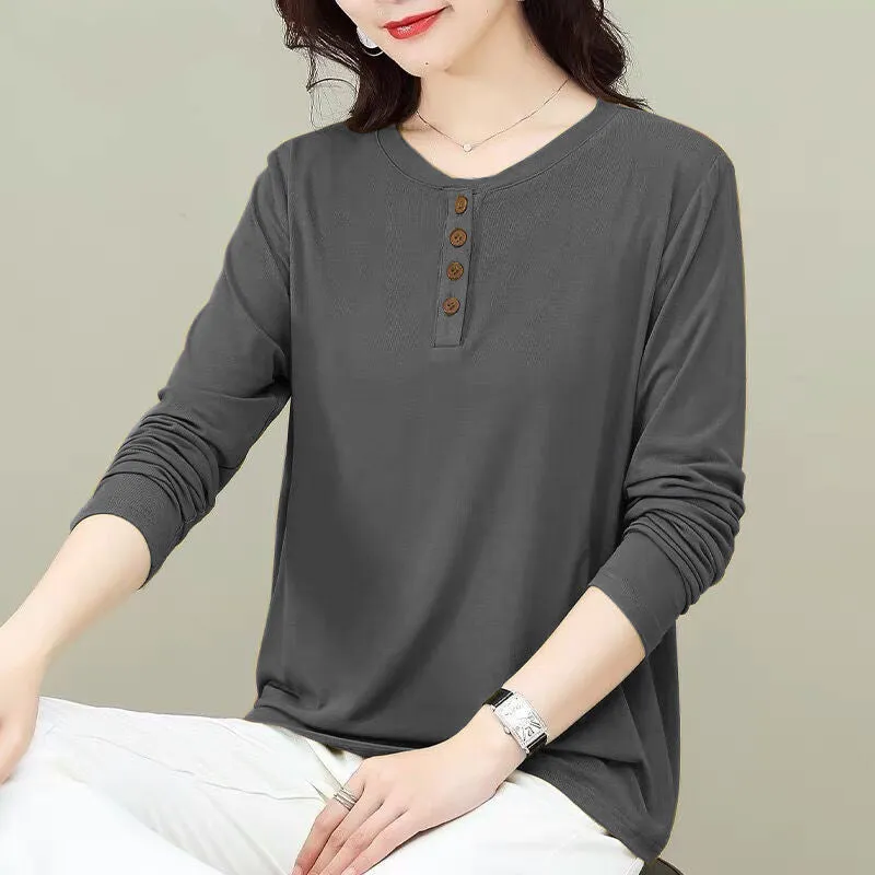 Solid Color Versatile Round Neck Tops