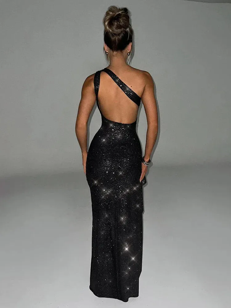 Sparkle Glitter High Split One Shoulder Slim Bodycon Elegant Long Summer Maxi Dress